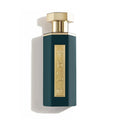 Perfume bottle with gold cap and label on a white background
