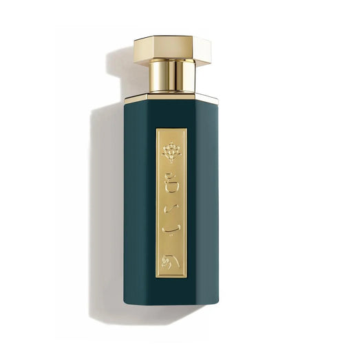 Perfume bottle with gold cap and label on a white background