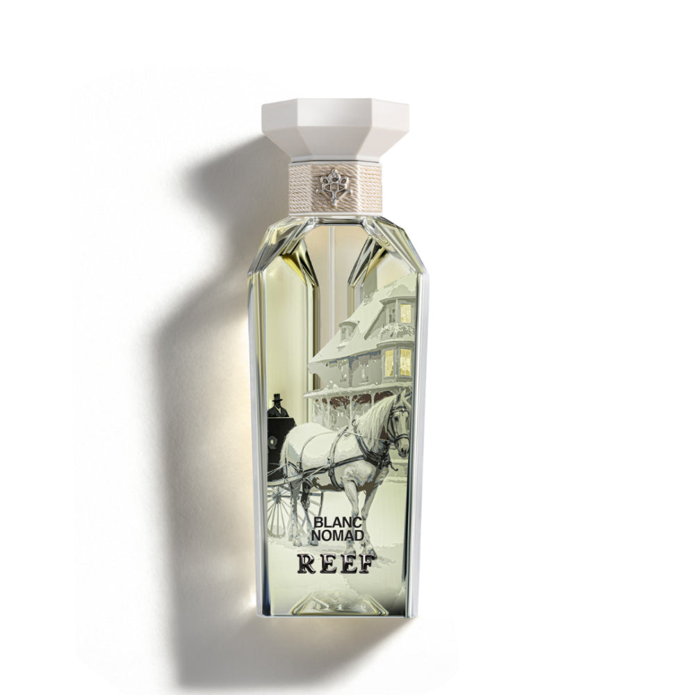 Perfume bottle with a horse and carriage design on a white background